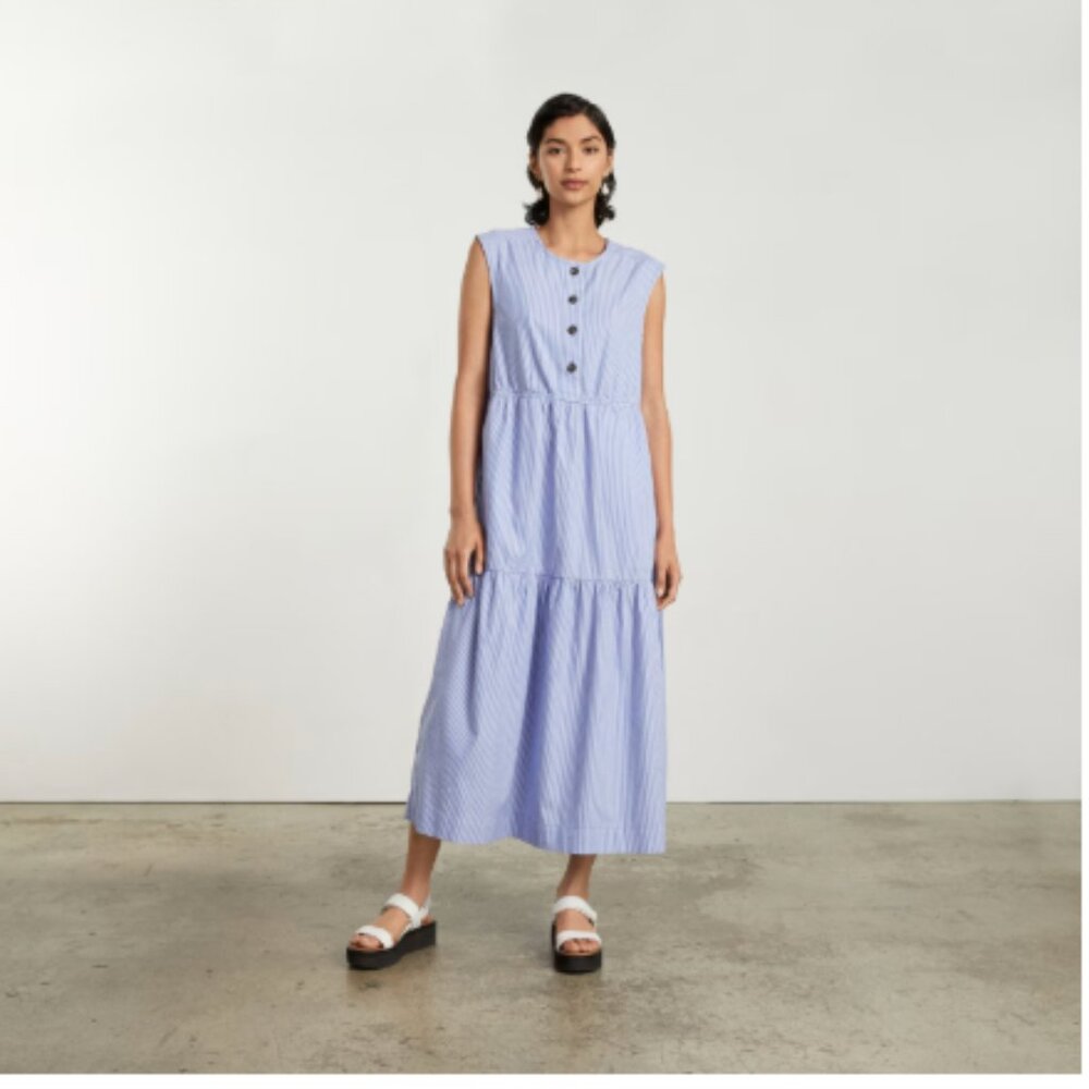 Everlane The Tiered Midi Dress in white and blue mini stripe